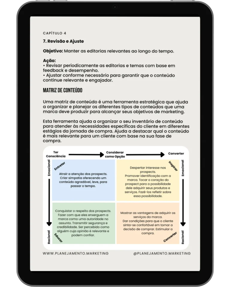 Página sobre a matriz de conteúdo