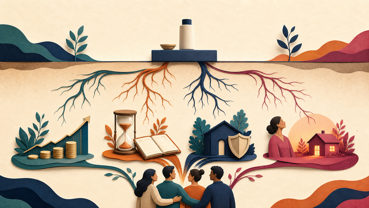 Ilustração em corte mostra um produto conectado a ganhos de dinheiro, tempo, segurança e emoção na experiência do cliente