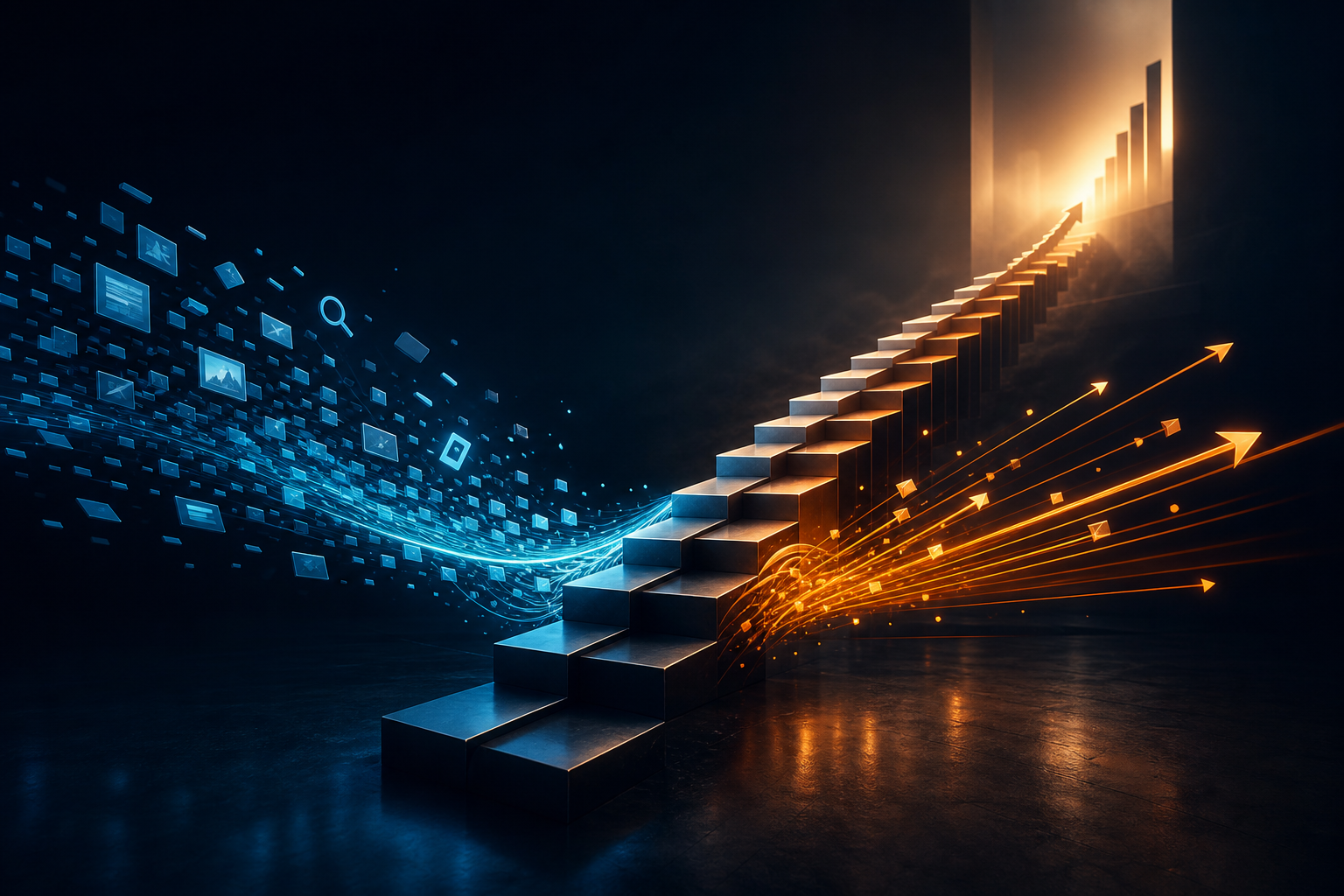 Fluxos azul e laranja de inbound e outbound convergindo em uma escada de crescimento