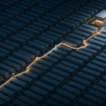 Caminho iluminado atravessa um mercado de estruturas idênticas até uma proposta claramente diferenciada