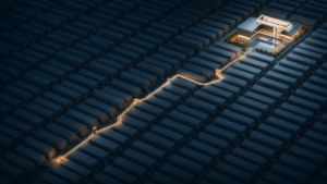 Caminho iluminado atravessa um mercado de estruturas idênticas até uma proposta claramente diferenciada