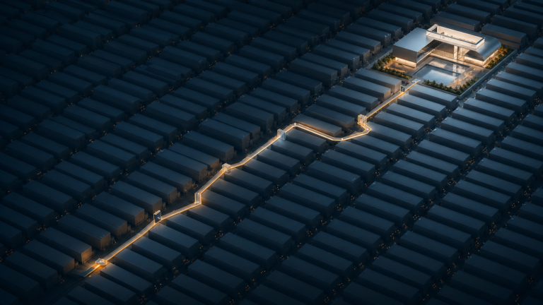 Caminho iluminado atravessa um mercado de estruturas idênticas até uma proposta claramente diferenciada