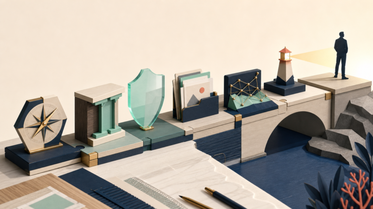Peças modulares com bússola, escudo, provas e farol formam uma ponte que representa a construção de uma oferta irresistível.