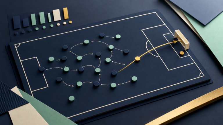 Campo tático com muitos passes no meio e uma rota dourada direta ao gol, simbolizando produtividade com foco em resultados.