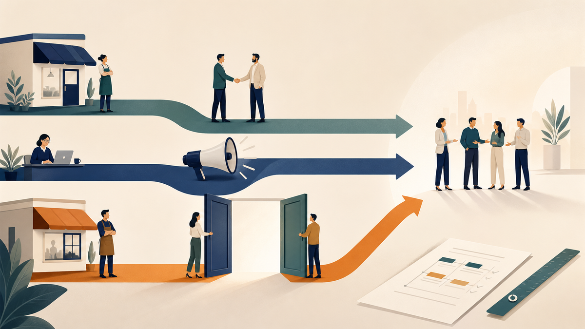 Ilustração de três caminhos comerciais que representam indicação, afiliados e venda em dupla convergindo para um grupo de parceiros
