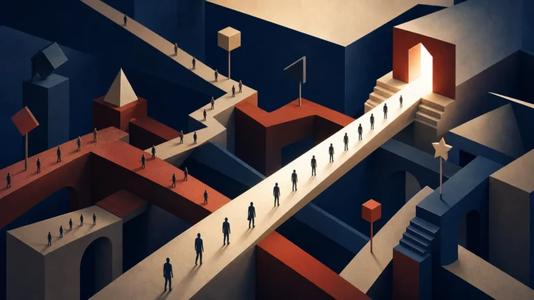 Pessoas percorrem uma estrutura estratégica que representa a disputa por espaço na mente do cliente