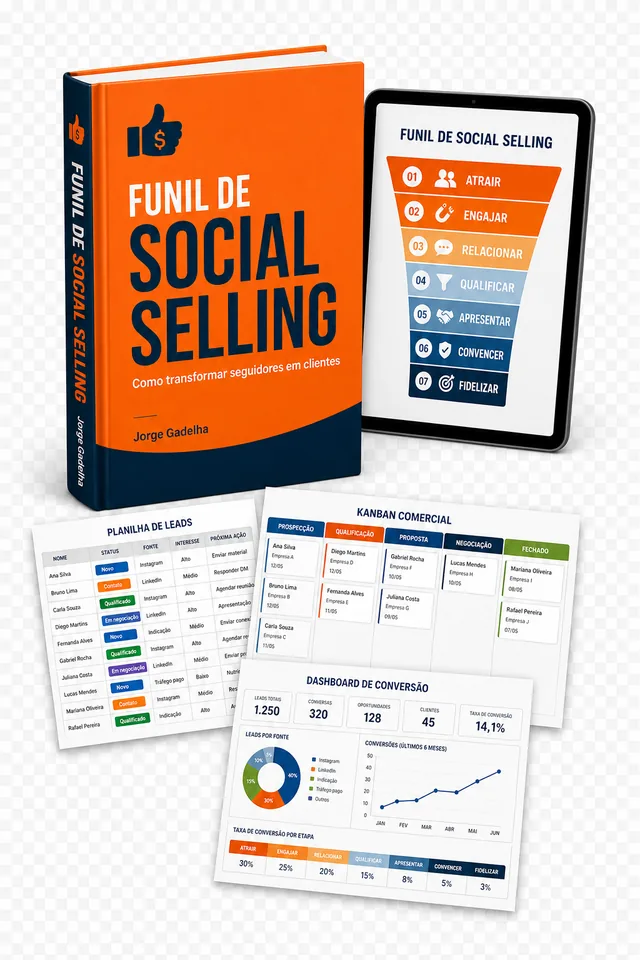 Livro Funil de Social Selling com planilha de leads, Kanban comercial e dashboard de conversão