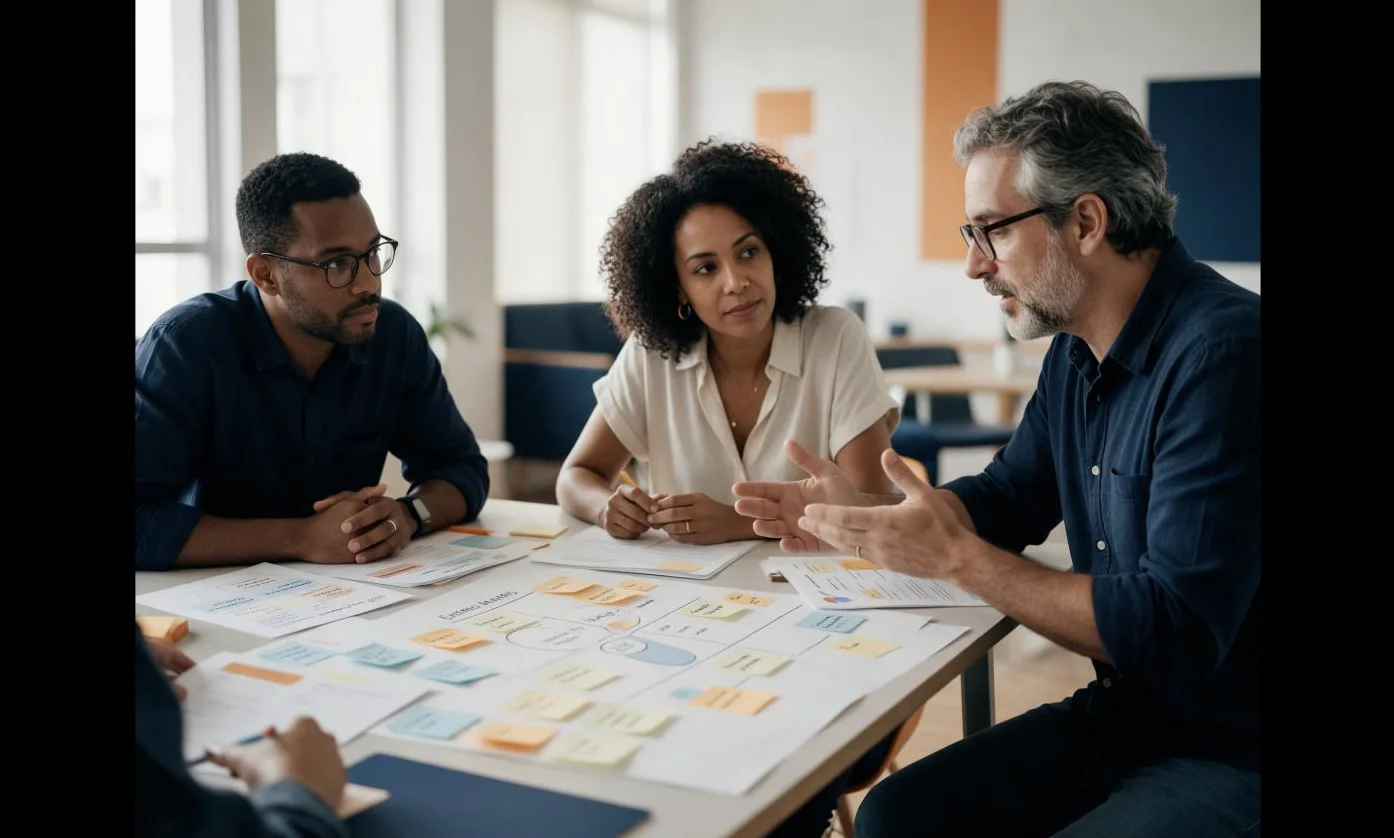 Equipe analisando anotações sobre clientes em uma mesa de reunião