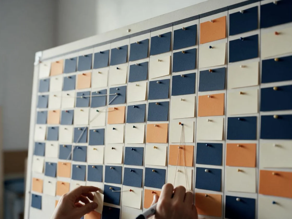 Mãos organizando cartões coloridos em um quadro de matriz de conteúdo
