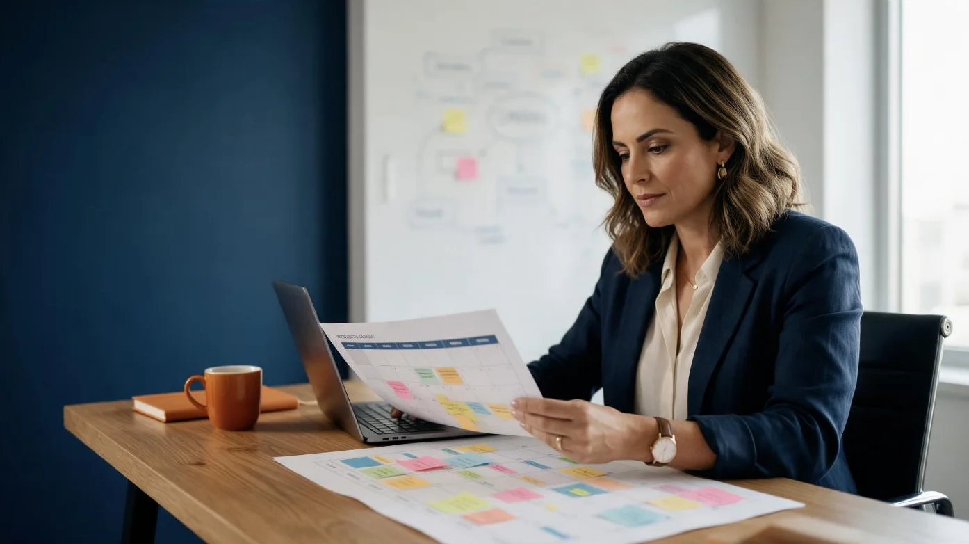 Empresária revisando um calendário editorial impresso na mesa de trabalho