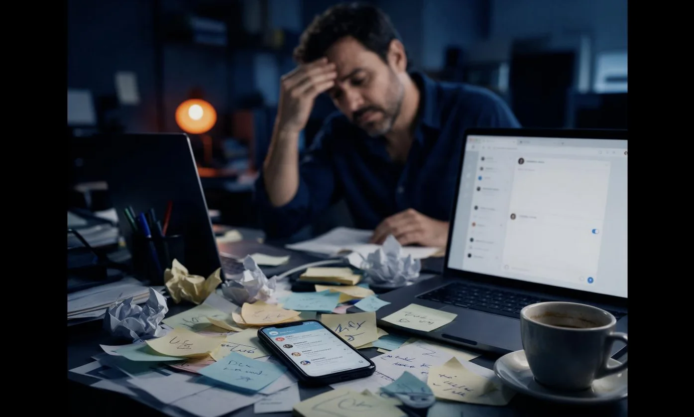 Profissional cansado diante de uma mesa bagunçada com anotações soltas