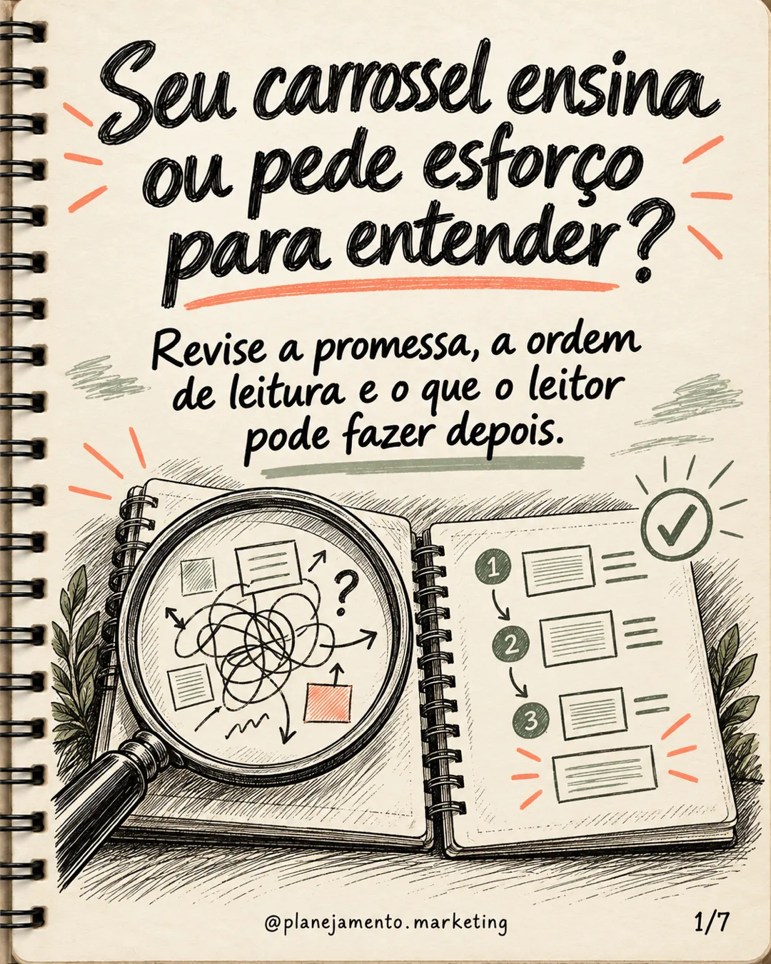 Design de carrossel: seu carrossel ensina ou pede esforço para entender? Revise a promessa, a ordem de leitura e o que o leitor pode fazer depois.