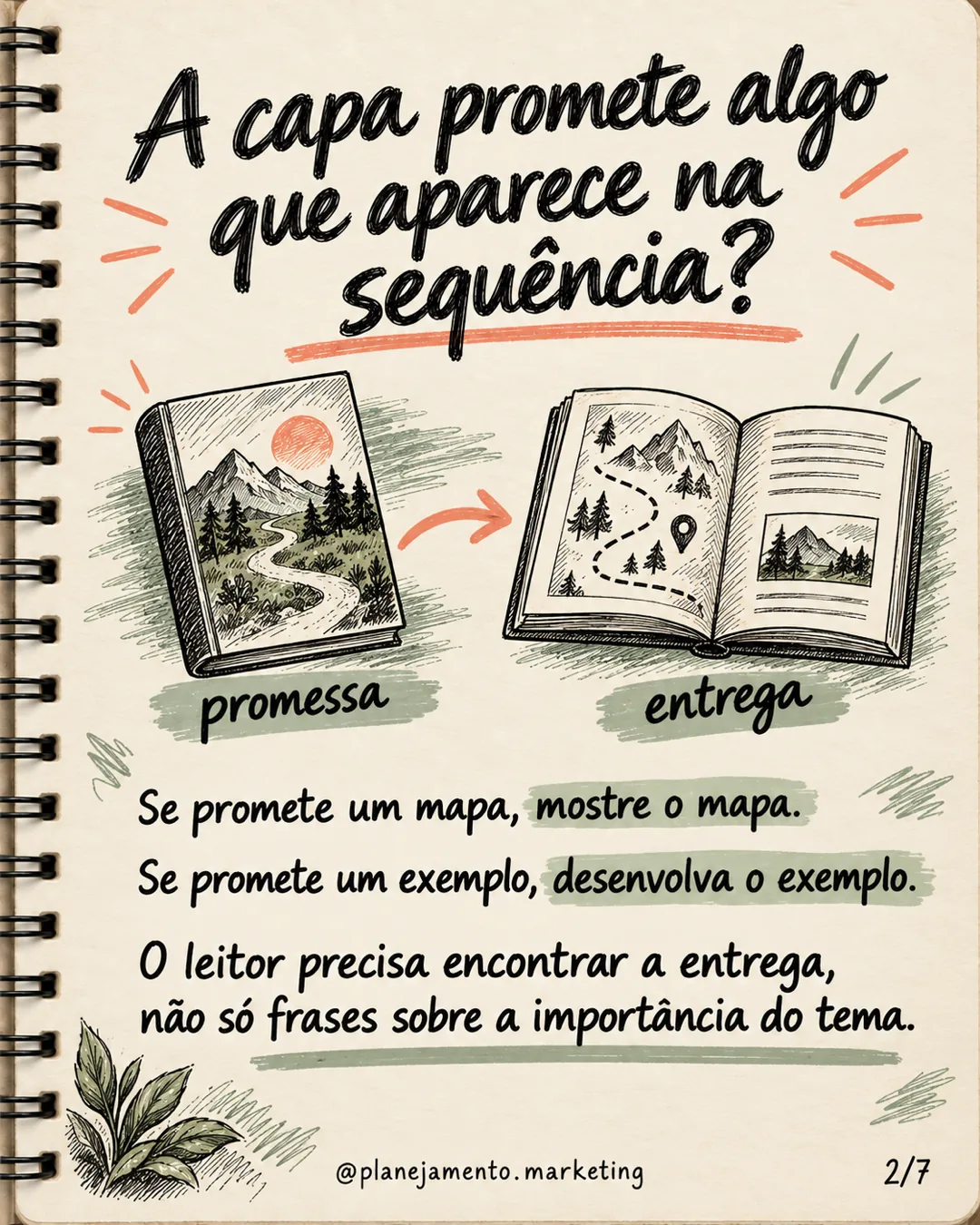A capa promete algo que aparece na sequência? Se promete um mapa, mostre o mapa; se promete um exemplo, desenvolva-o. O leitor precisa encontrar a entrega, não só frases sobre o tema.