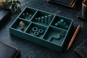 Quadro com divisões, figuras, gráficos, lâmpada e engrenagens em miniatura, ilustrando as peças de um framework.