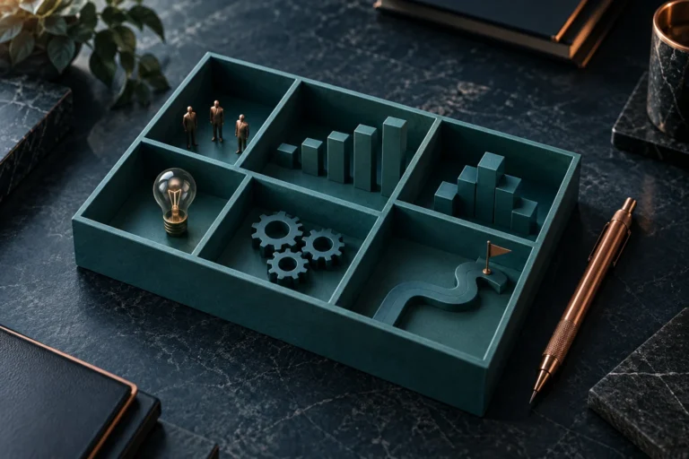 Quadro com divisões, figuras, gráficos, lâmpada e engrenagens em miniatura, ilustrando as peças de um framework.