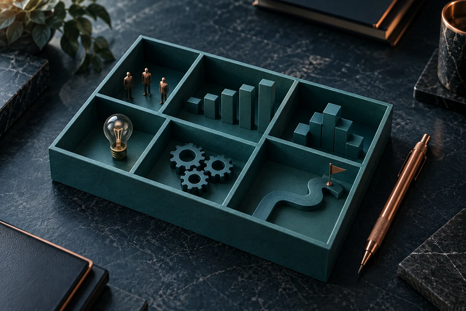 Quadro com divisões, figuras, gráficos, lâmpada e engrenagens em miniatura, ilustrando as peças de um framework.
