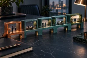 Ponte com quatro ambientes em miniatura, representando entrega, adoção, expansão e indicação após a venda.