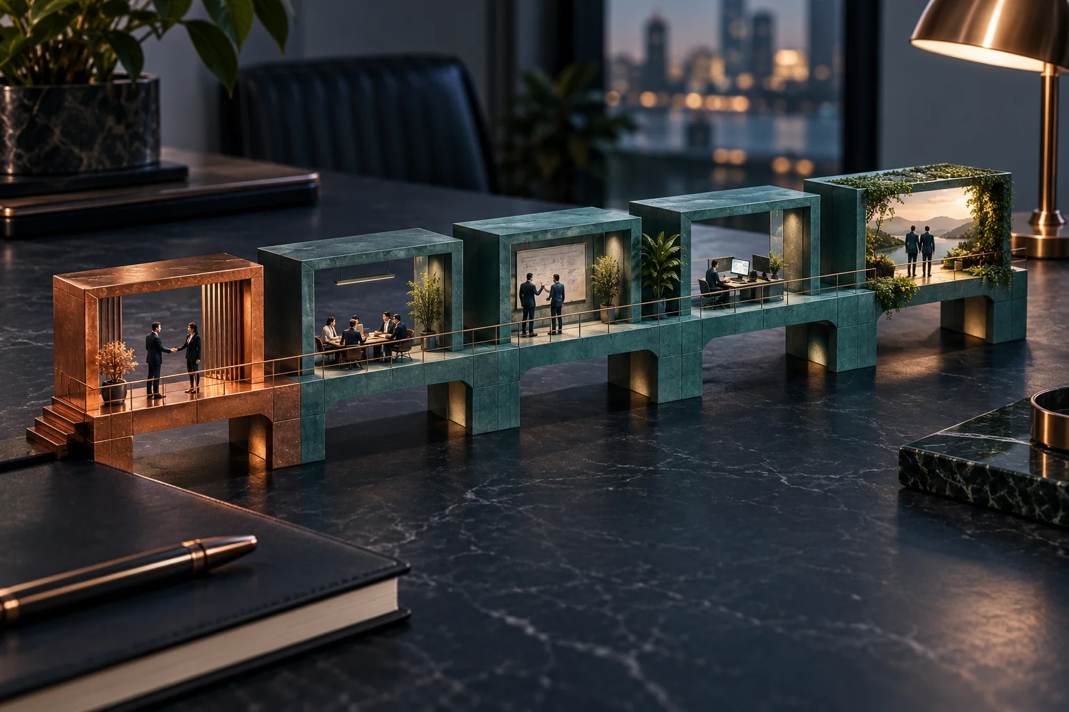 Ponte com quatro ambientes em miniatura, representando entrega, adoção, expansão e indicação após a venda.