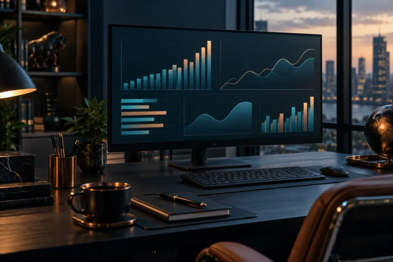 Monitor com gráficos de barras e linhas sobre uma mesa, representando um painel de métricas de conteúdo.