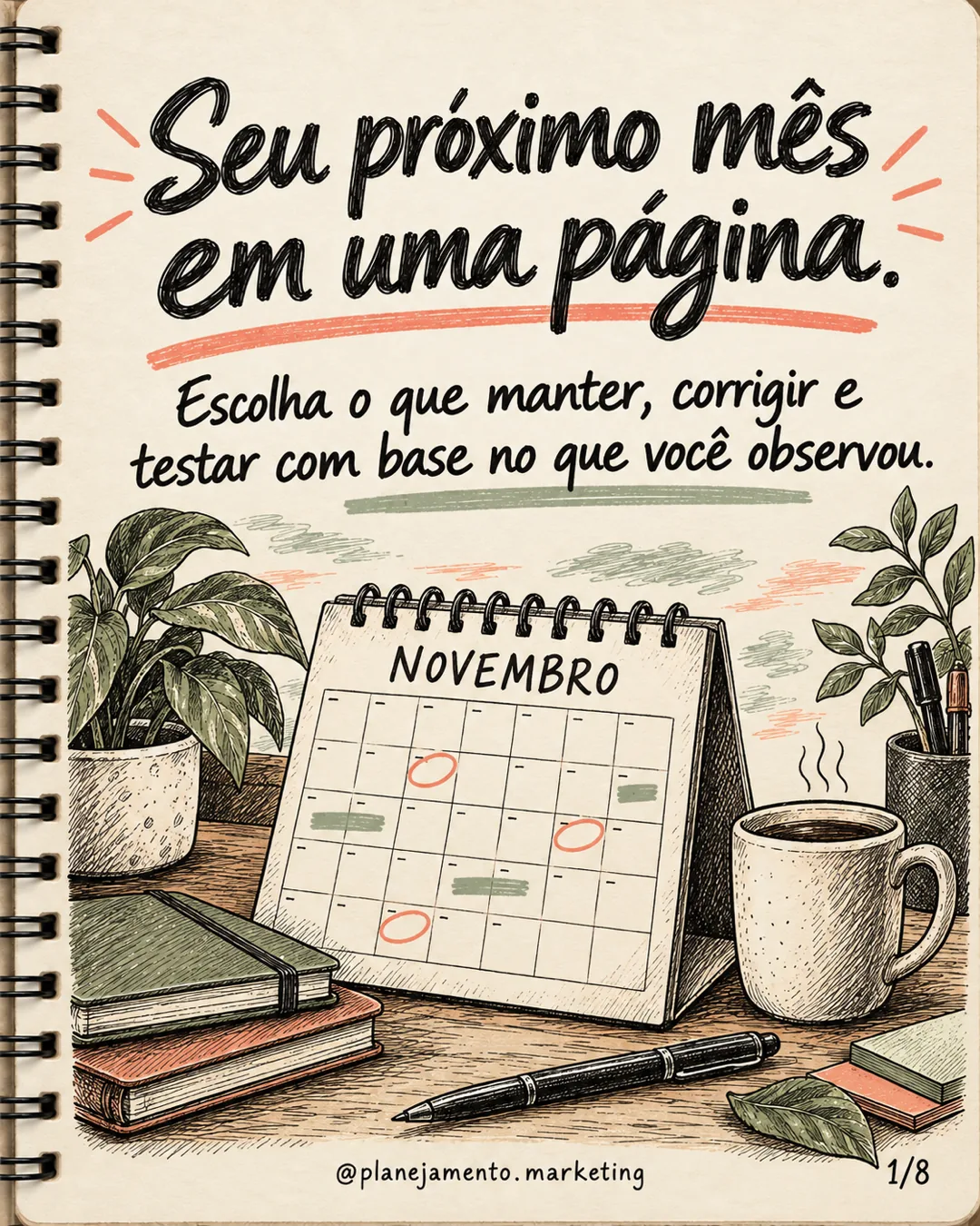 Plano de marketing mensal em uma página: escolha o que manter, corrigir e testar com base no que observou. Um calendário de novembro representa o próximo ciclo.