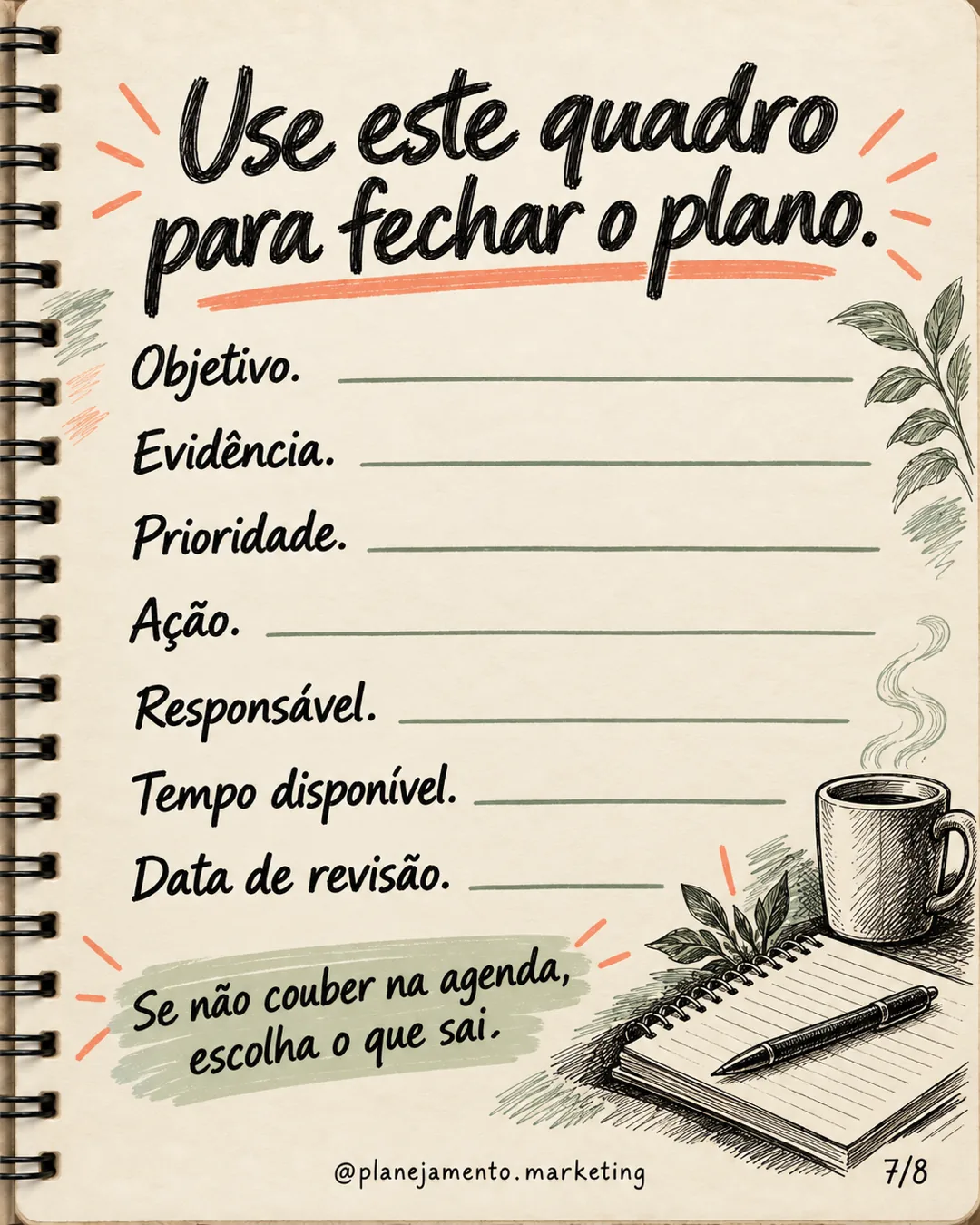 Quadro do plano: objetivo, evidência, prioridade, ação, responsável, tempo disponível e data de revisão. Se não couber na agenda, escolha o que sai.