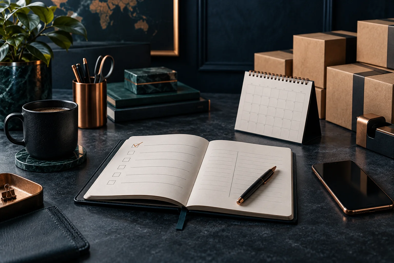 Caderno de verificação, calendário e caixas sobre uma mesa, representando a preparação da campanha de novembro.