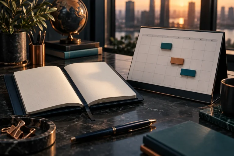 Caderno aberto e calendário com cartões de tarefas sobre uma mesa, representando a revisão e o planejamento do mês.