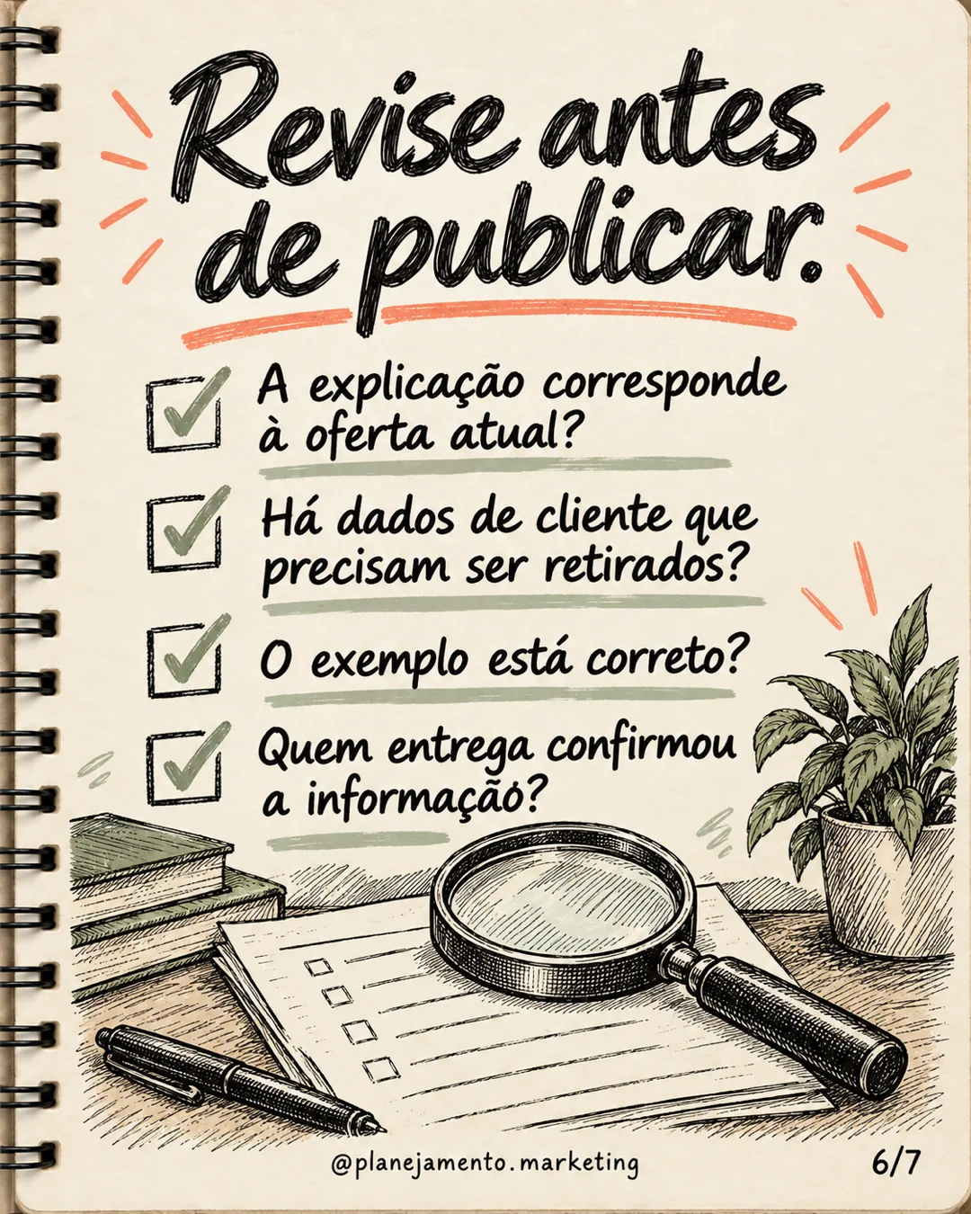 Revise antes de publicar: a explicação corresponde à oferta atual? Há dados do cliente a retirar? O exemplo está correto? Quem entrega confirmou a informação?