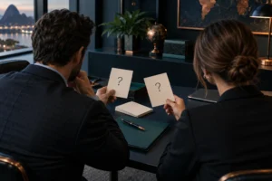 Duas pessoas em uma conversa de trabalho seguram cartões com pontos de interrogação, representando dúvidas que podem gerar pautas.