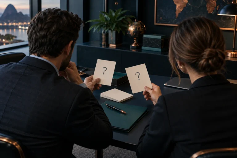 Duas pessoas em uma conversa de trabalho seguram cartões com pontos de interrogação, representando dúvidas que podem gerar pautas.